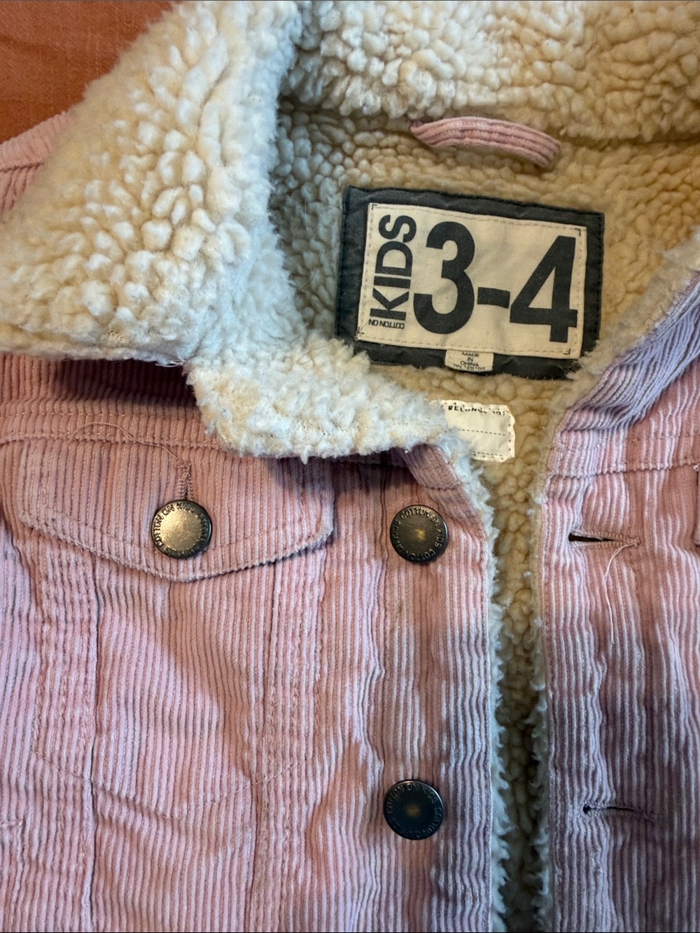 Kids Pink Sherpa-Lined Corduroy Jacket - Size 3-4